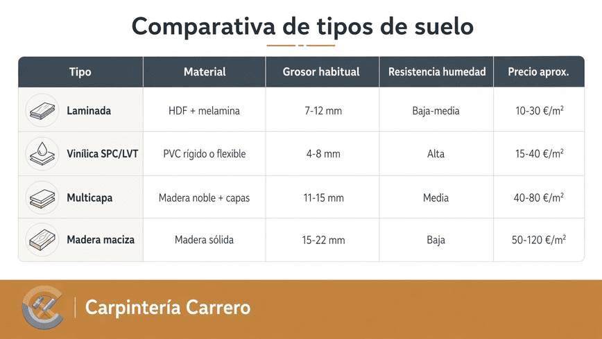 comparativa-de-tipos-de-suelo Tabla comparativa que muestra, según el tipo de suelo, qué material se utiliza, cuál es el grosor habitual,resistencia a la humedad y precio aproximado por metro cuadrado.