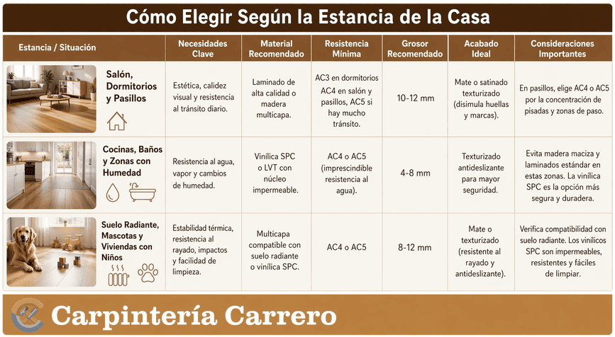tabla-comparativa-tarima-flotante-estancias-del-hogar Tabla comparativa para elegir tarima flotante según el tipo de uso y y desgaste de cada zona de la casa
